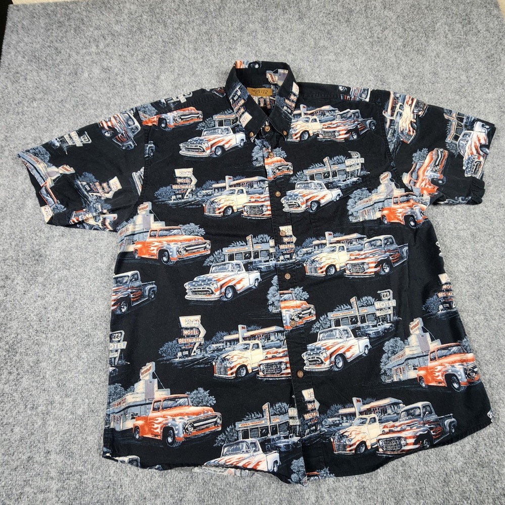 Morgan Creek Outfitters Mens XL Black Vintage Truck Hot Rod Motel Cotton Shirt